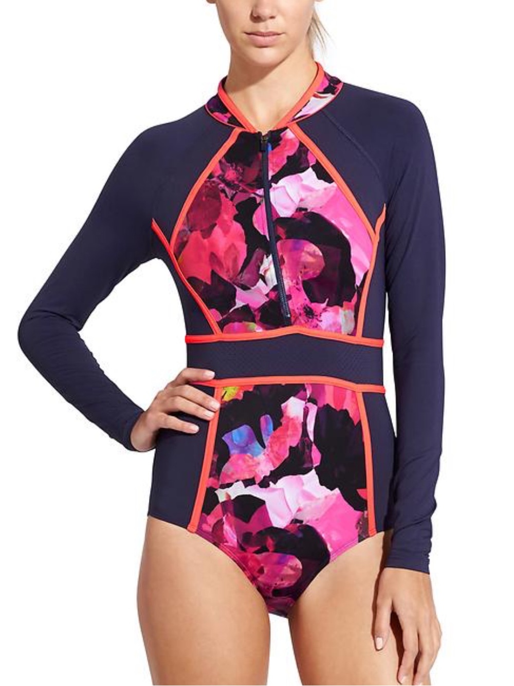 Athleta Navy Long-Sleeve‎ One-Piece with Pink Floral Panels